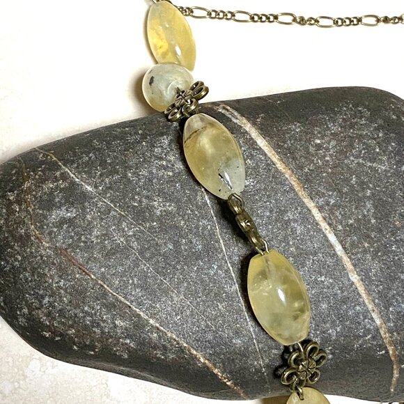 Natural Yellow Prehnite Necklace, Genuine Gemstones & Bronze Flower Chain - Picture 5 of 12